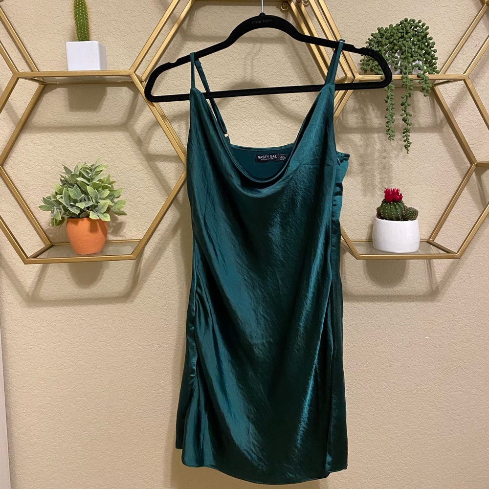 Emerald green cowl neck satin cocktail dress
